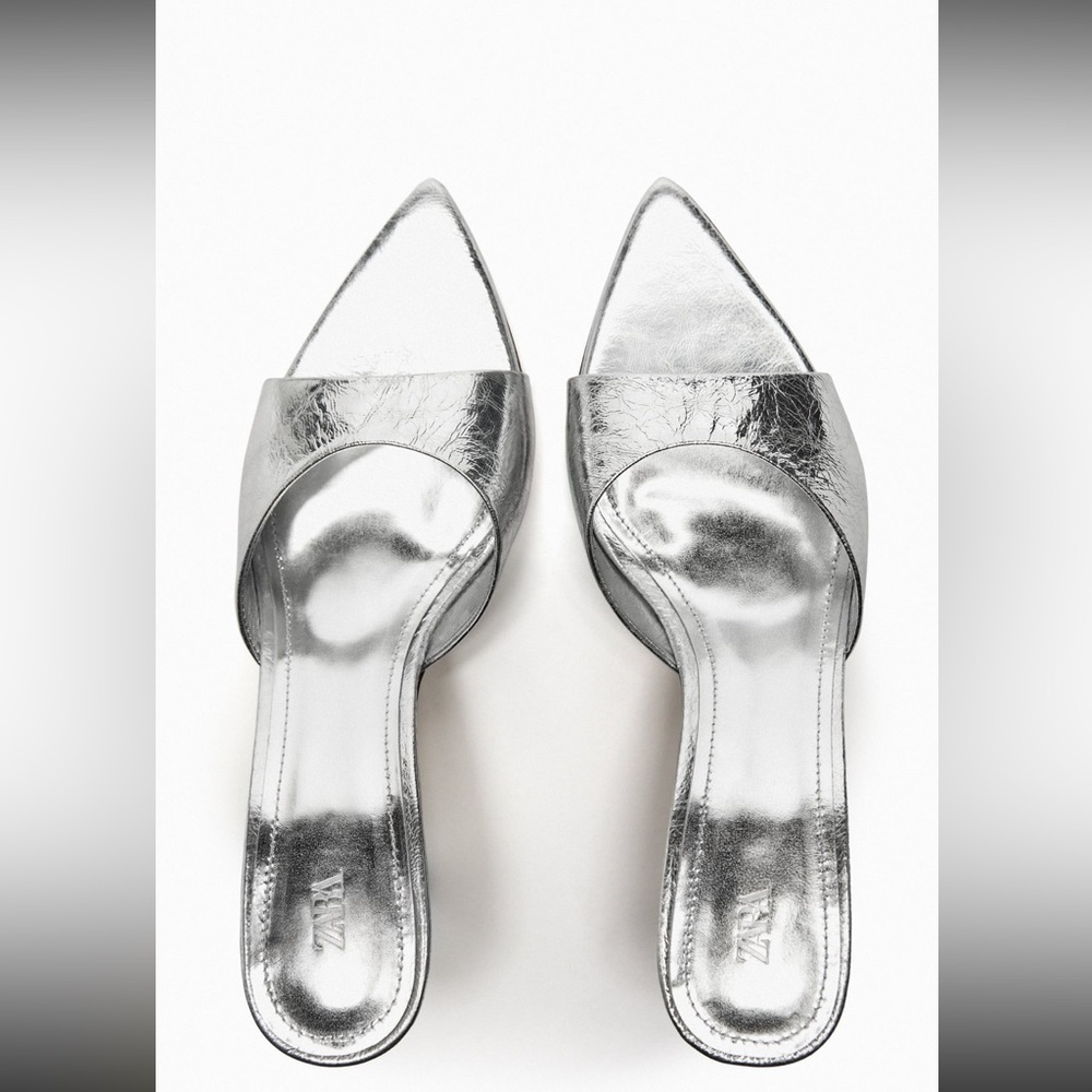 Zara silver metallic leather heeled sandals
